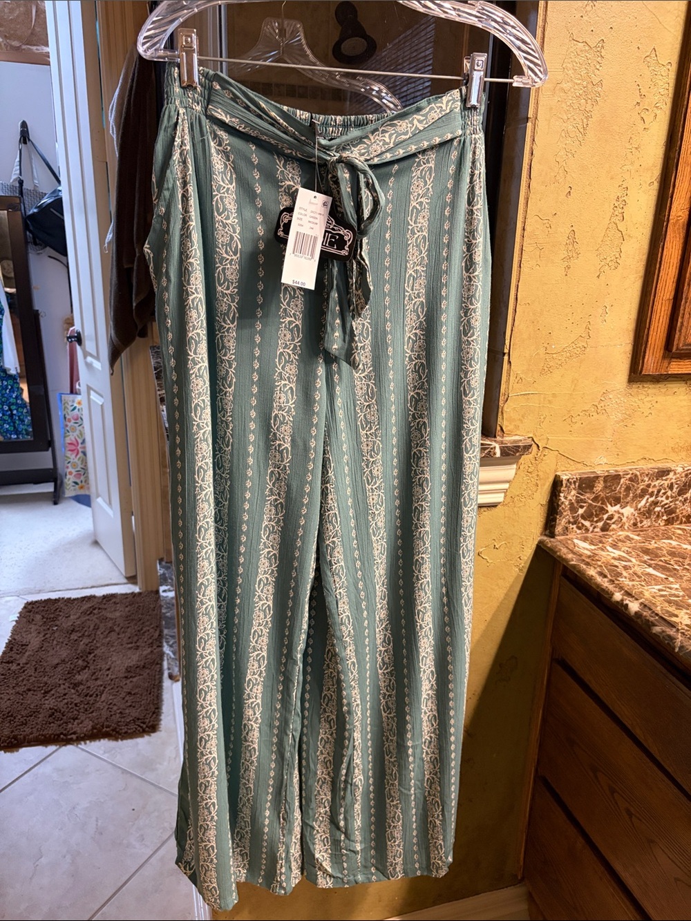 Angie Sage Green Striped Wide Leg Tie-Waist Pants